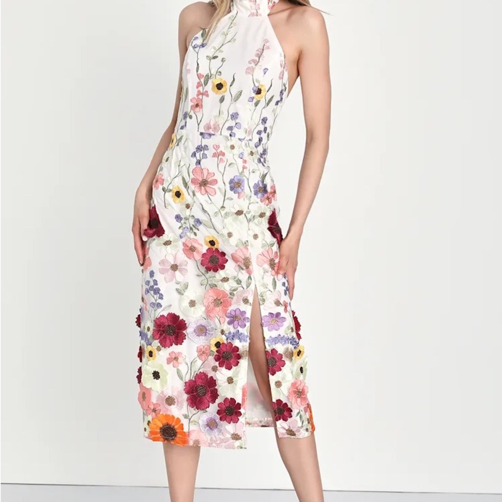 Lulus - Unique Impression Ivory 3D Floral Embroidered Halter Midi Dress